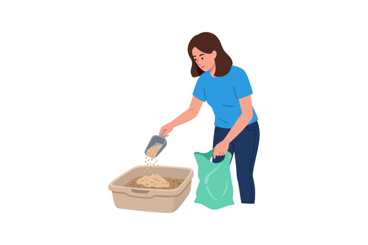 Woman filling cat litter box with scoop and bag in casual cl