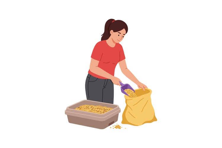 Woman scooping grains into bag using purple scoop in casual