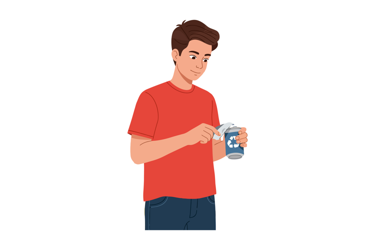 Young man opening soda can in casual red shirt and blue pant