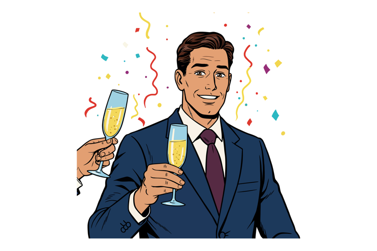Man in blue suit holding champagne glass celebrating with co