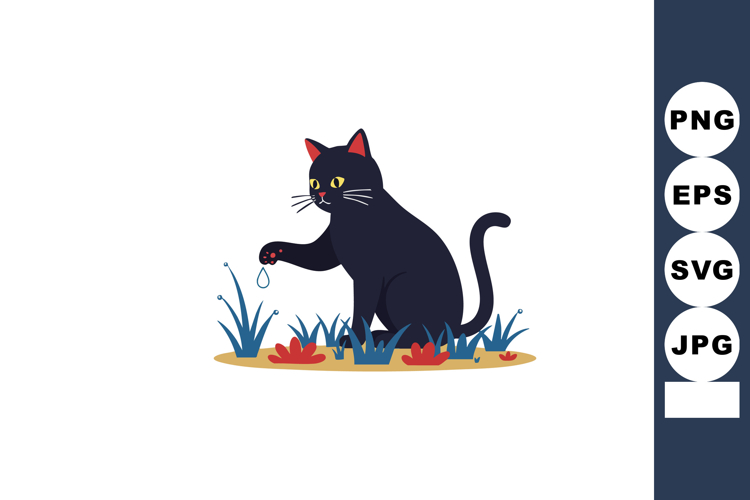 Black cat playing with water droplet in garden surrounded by