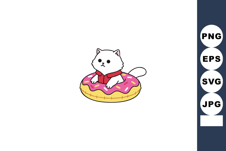 White cat floating inside pink frosted donut pool ring summe
