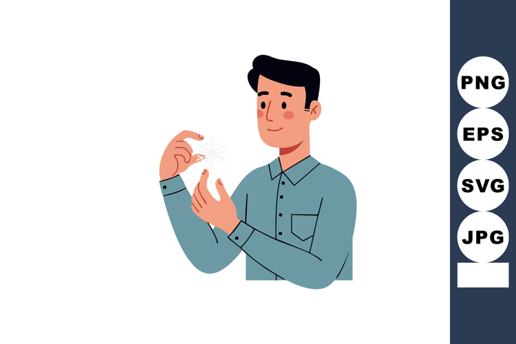 Man holding invisible object in hand with thoughtful express