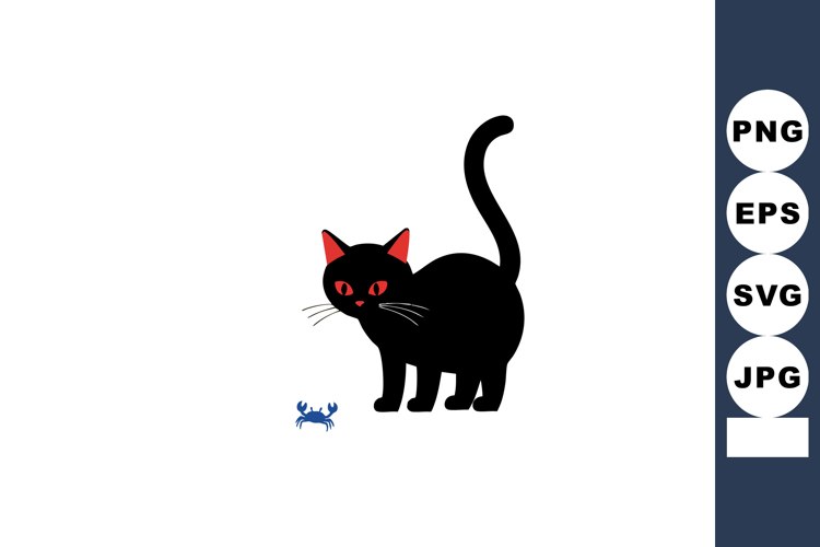 Black cat with red eyes and raised tail looking curiously at