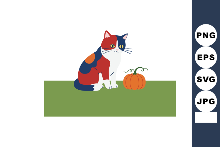 Calico cat sitting near small orange pumpkin on green surfac