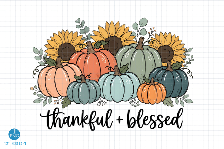 Thankful Blessed Fall Design PNG, Pumpkin with Flowers