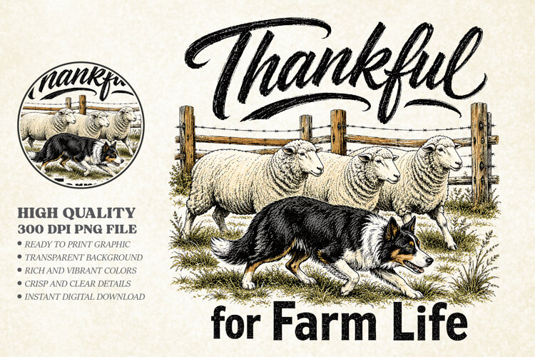 Thankful For Farm Life Sheep Dog Design, Border Collie Sheep example image 1