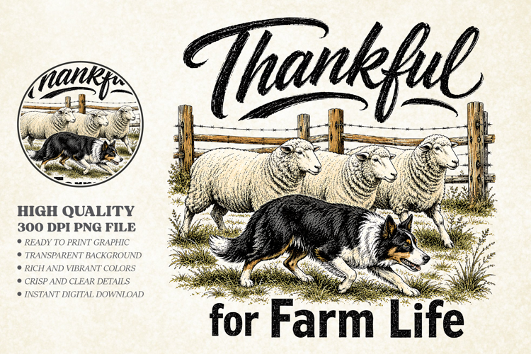 Thankful For Farm Life Sheep Dog Design, Border Collie Sheep