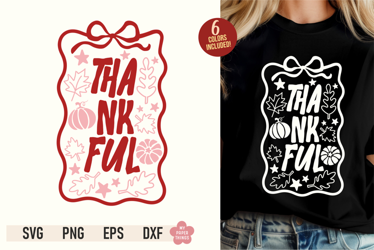 Thankful SVG PNG design with retro typography, pumpkins, autumn leaves, and a red coquette bow frame