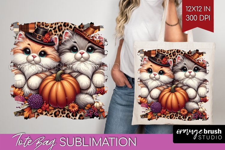 Cute Cat Tote Bag - Thanksgiving Tote Bag PNG Sublimation