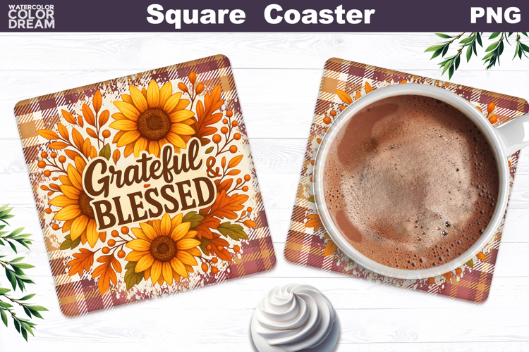Thanksgiving Square Coaster | Grateful Blessed Sublimation