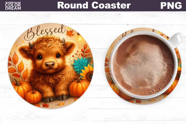 Thanksgiving Round Coaster | Fall Cow Pumpkin Floral Coaster