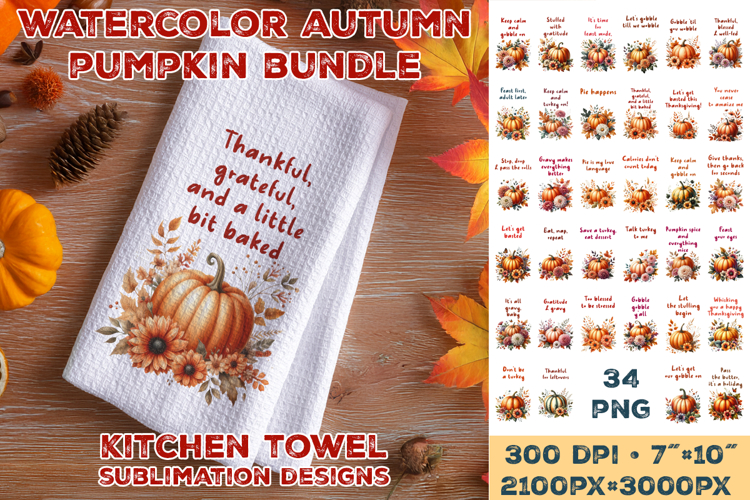 Thanksgiving Floral Pumpkin Kitchen Towel Sublimation Design