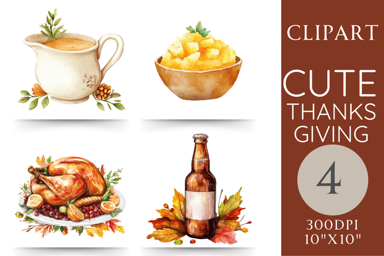 Watercolor Thanksgiving Dinner Clipart | 4 PNGs
