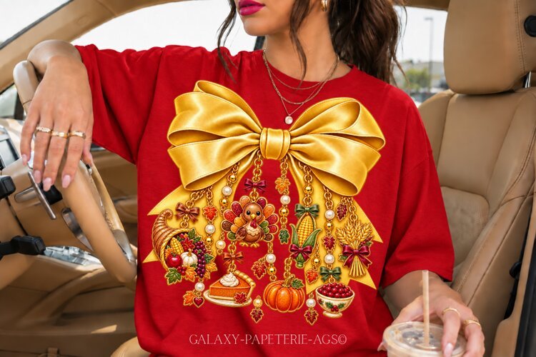Gold Thanksgiving Bow PNG with Turkey and Harvest Charms example image 1