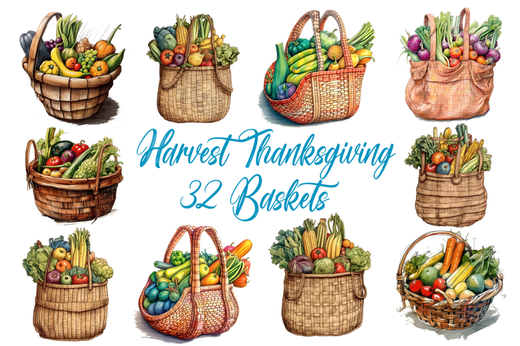 32 Thanksgiving Harvest Basket Illustration PNG Collection
