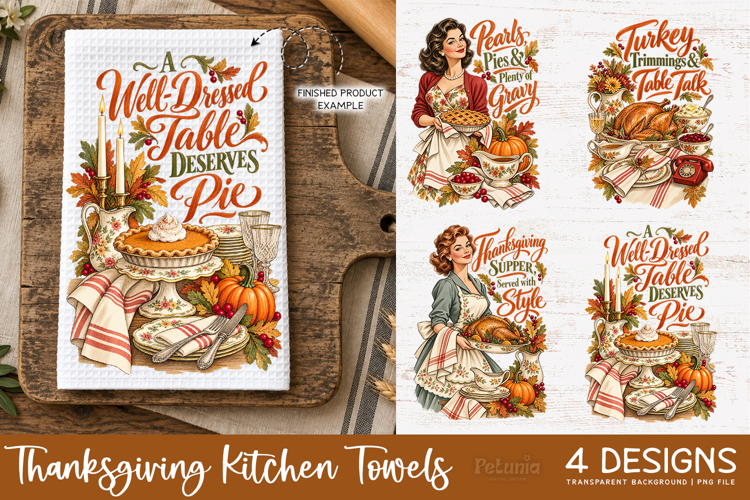 Thanksgiving Kitchen Towel PNG, Vintage Sublimation Designs