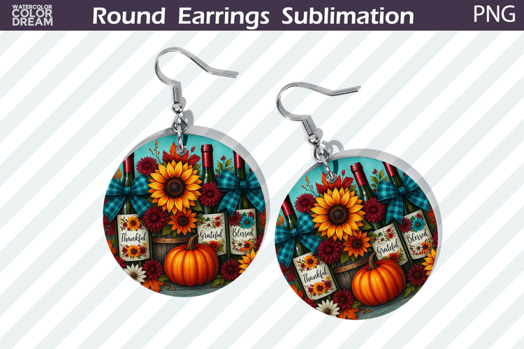 Thanksgiving Round Earrings | Pumpkin Sunflower Wine Earring