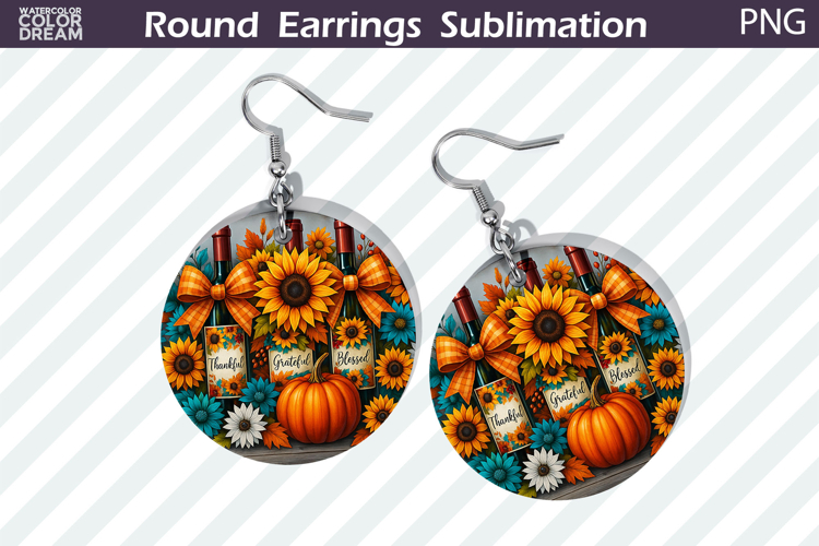 Thanksgiving Round Earrings | Pumpkin Sunflower Wine Earring