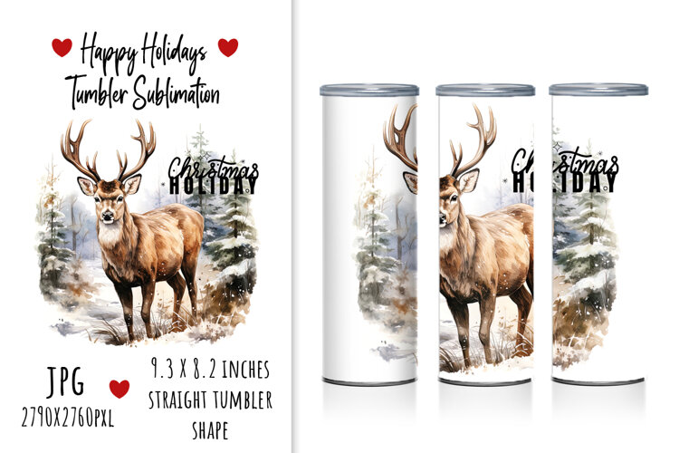 lettering, quotes, Christmas, holly jolly, happy holidays, merry and bright, deer, winter, quotes, sublimation, tumbler design, tumbler sublimation, watercolor, illustration, animal, artistic