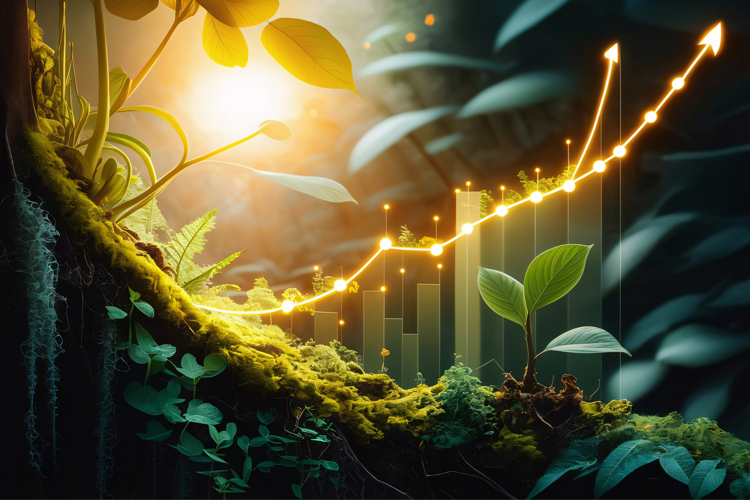 Glowing upward trend graph integrated with green nature,