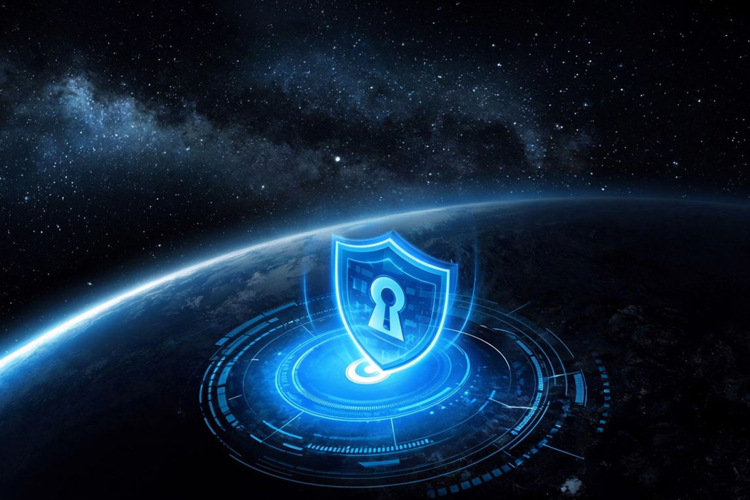A glowing digital shield with a lock symbol protecting Earth