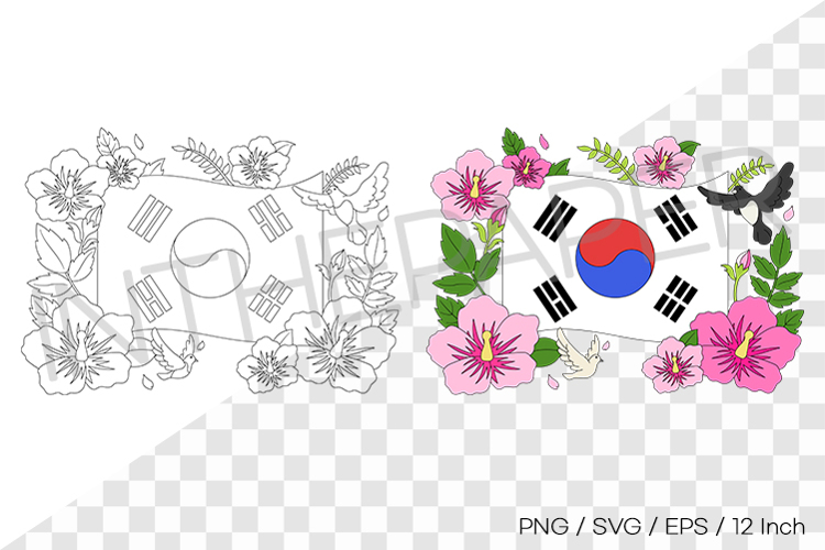 Taegeukgi with Rose of Sharon and Bird Colored and Line Art