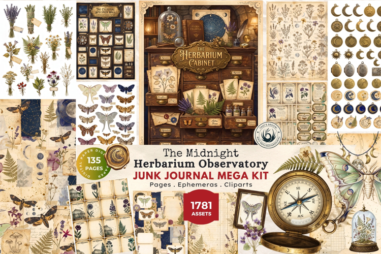 Botanical Midnight Herbarium Junk Journal Ephemera