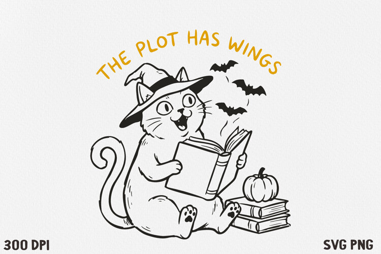 Bookish Halloween Cat SVG PNG | Witchy Reading Cat Design example image 1