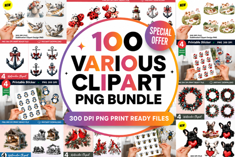 100 Various Clipart PNG Bundle | Watercolor Clipart Bundle