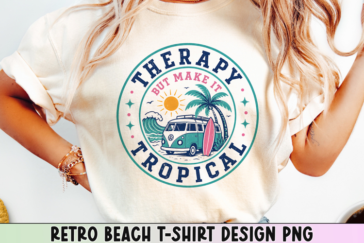Retro Beach T Shirt Design, Distressed Coastal Sublimation.
