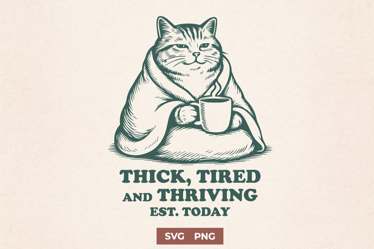 Thick Tired and Thriving Cat SVG PNG, Funny Self Care Quote
