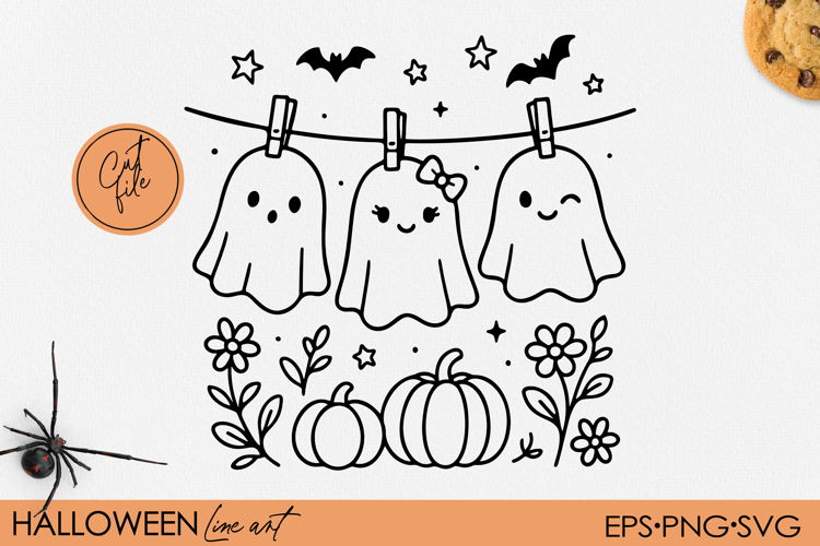 Three Hanging Ghosts Halloween Clipart SVG, PNG