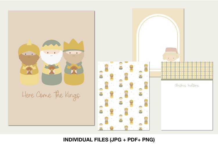 Set of four printable Three Kings Christmas journaling cards in soft neutral holiday colors