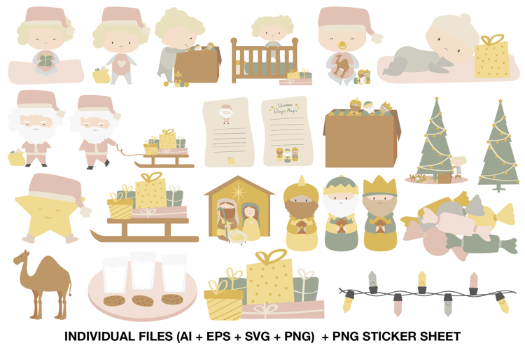 Adorable pastel Three Kings Day clipart set featuring baby angels, gifts, and nativity elements.
