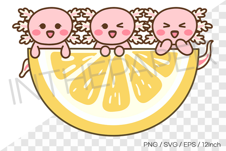 Three pink axolotls hanging on a lemon slice PNG Clipart SVG