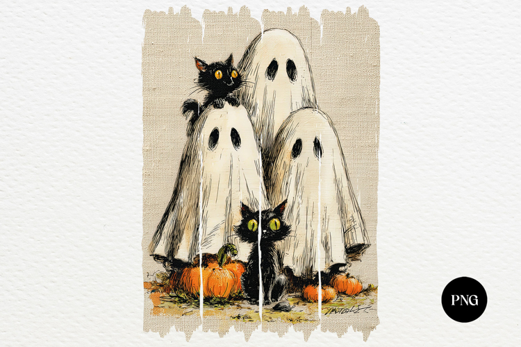 Retro Distressed Halloween Ghosts Cats PNG