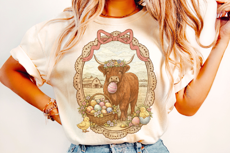 Highland Cow Easter PNG, Thrifted Easter PNG, Happy Easter