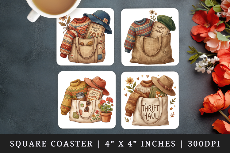 Thrifting square coaster sublimation, coasters design