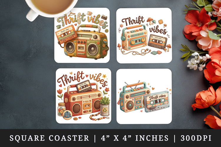 Thrifting square coaster sublimation, coasters design
