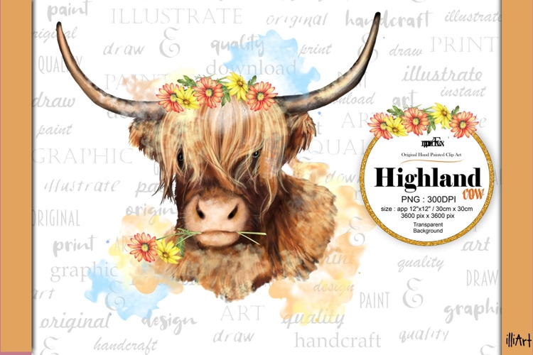 Daisy the Cute Highland Cow - daisies handpainted watercolor