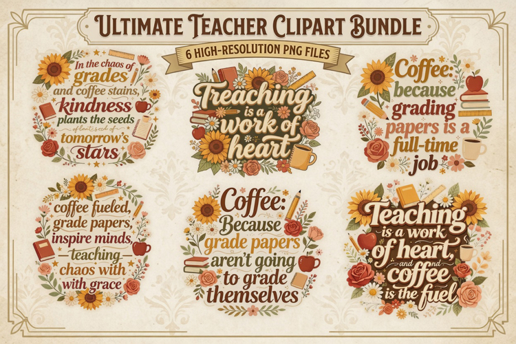 Retro Teacher Clipart Bundle, Cute School Sublimation PNG
