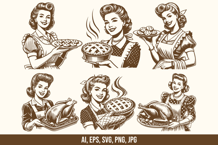 6 Thanksgiving Retro Housewife Vector Bundle