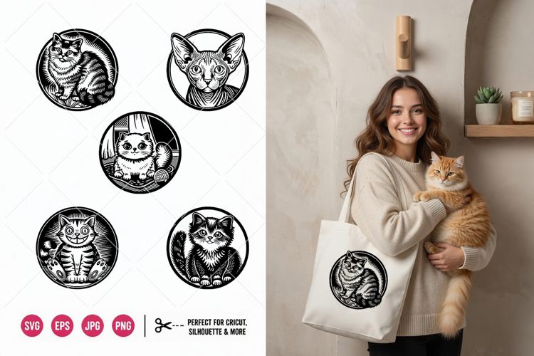 5 Artistic Cat SVG Bundle | Woodblock Clipart PNG, EPS, SVG