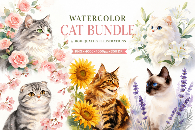 Watercolor Cat PNG Bundle | Cute Floral Kitten Clipart