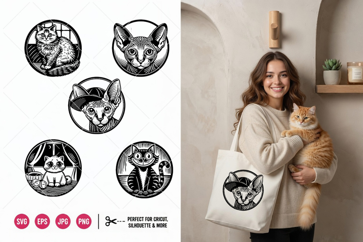 5 Cat Lover SVG Bundle | Engraving Clipart PNG, EPS, SVG
