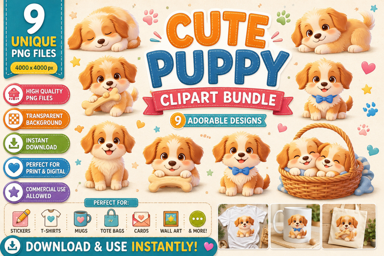 Cute Puppy Clipart Bundle PNG | 9 Adorable Dogs