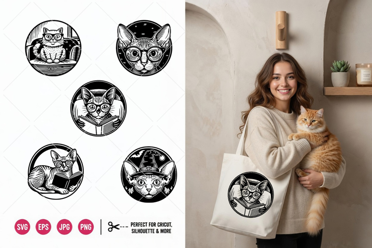 5 Linocut Cat SVG Bundle | Artistic Feline PNG, EPS, SVG