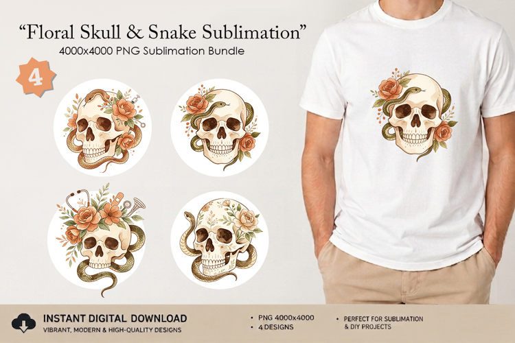 4 Floral Skull & Snake Designs Sublimation | PNG
