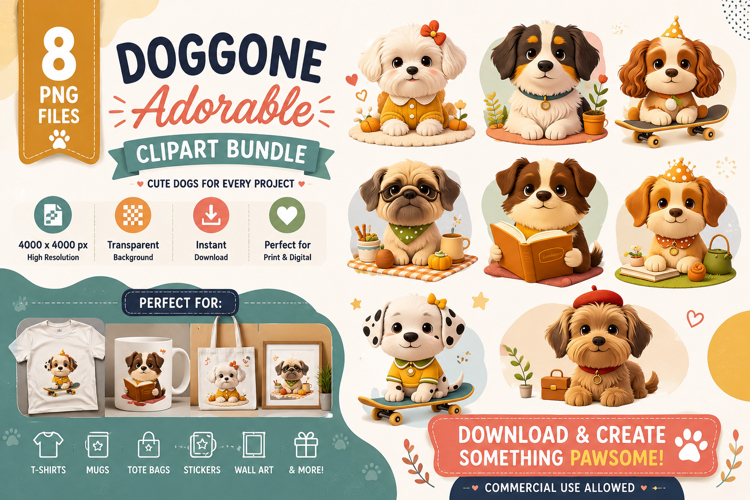 Cute Dog Clipart Bundle PNG Sublimation Design